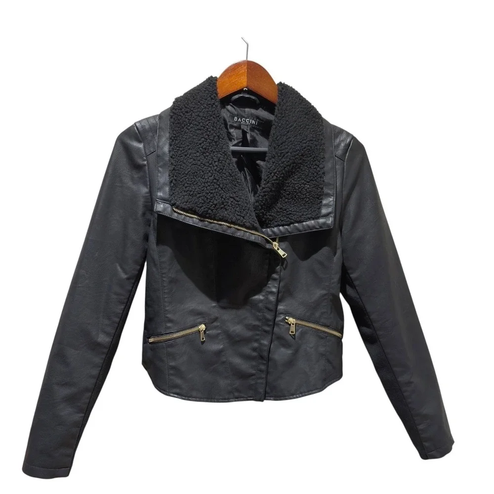 Baccini Black Faux Leather Moto Jacket Cropped Sherpa Collar Asym‎ Zip Womens S